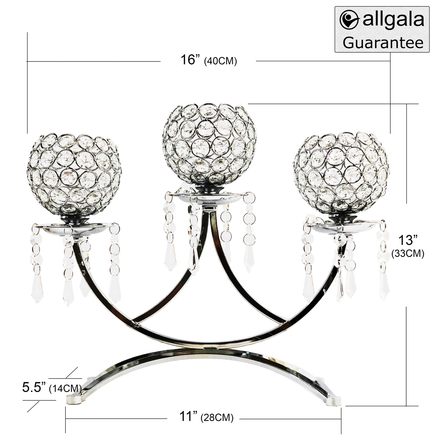 Allgala Candle Holder 3-Arm Bowls Tea-light Votive Crystal Candelabra