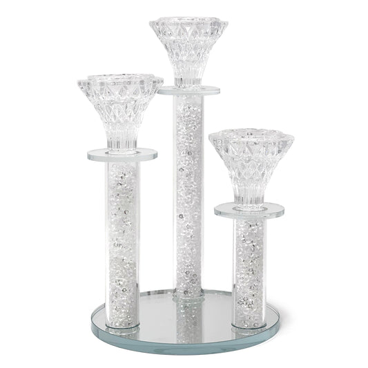 Allgala 9 Inch Tall 3-Pillar Filled with Diamond Like Stone Filled Crystal Candlesticks with Mirror Base