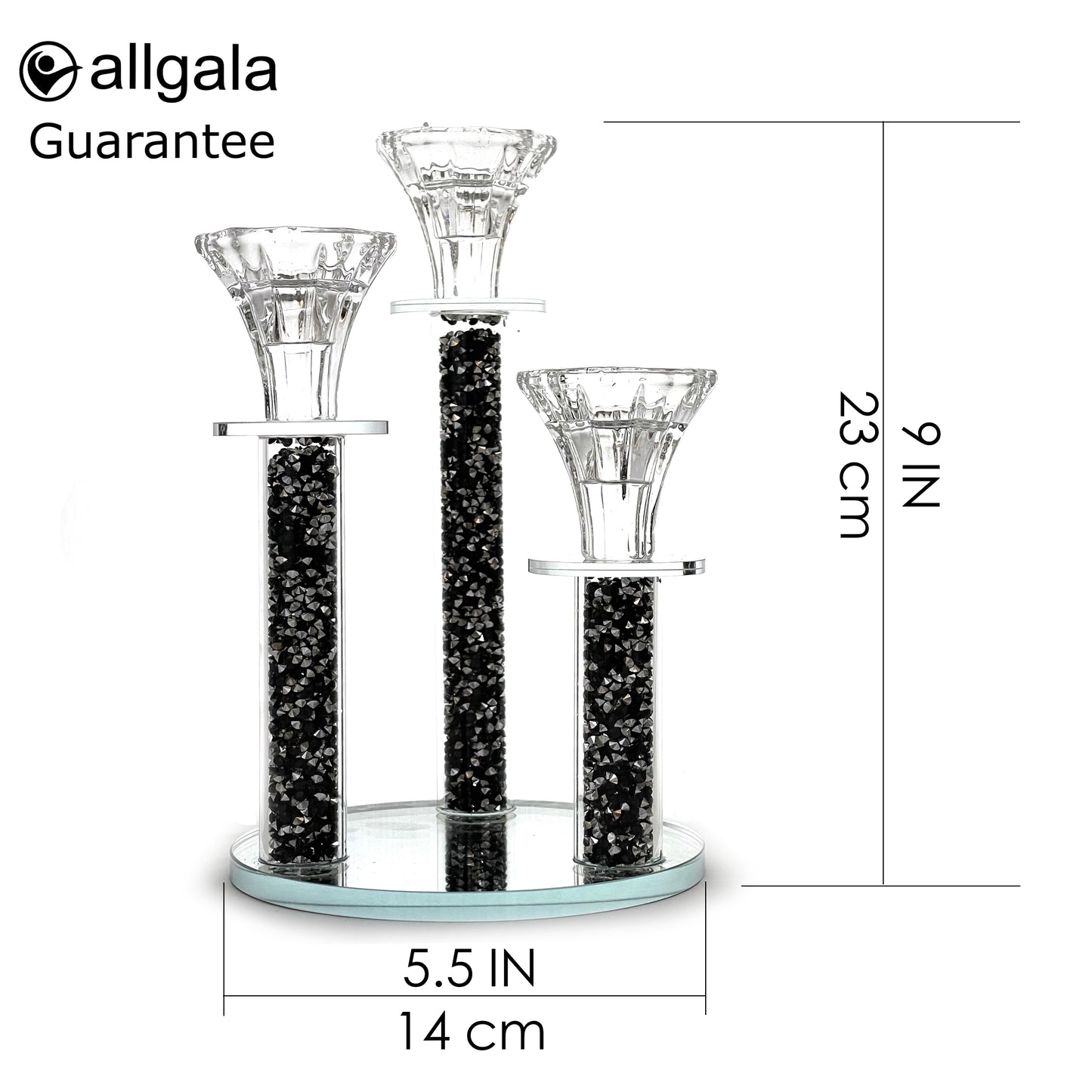 Allgala 9 Inch Tall 3-Pillar Filled with Diamond Like Stone Filled Crystal Candlesticks with Mirror Base
