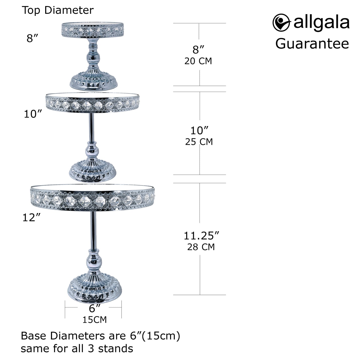 Allgala Crystal Cake Stand 3 Piece Set High Quality Crystal Gold Plated Cake Stand with Mirror Plate
