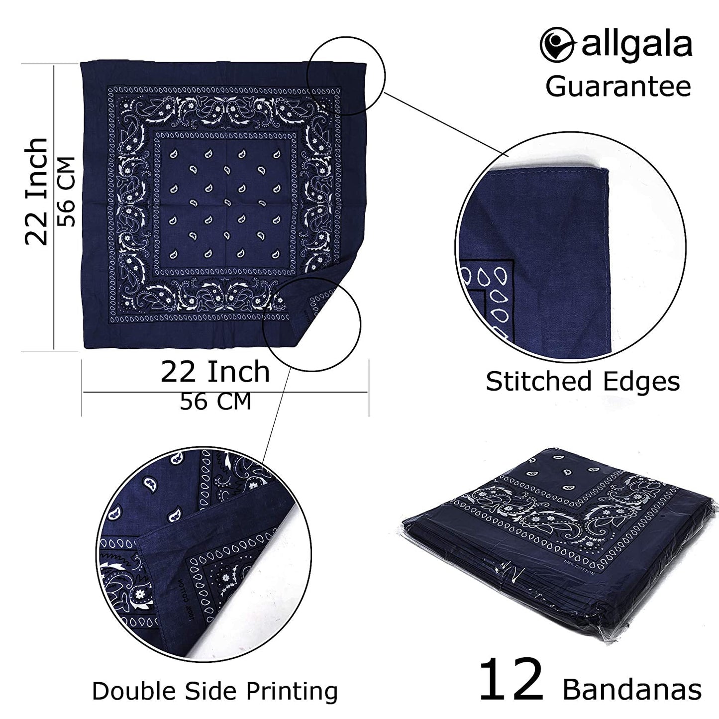 Allgala 12-pc 100% Cotton Bandanas, Paisley Pattern, Navy Blue