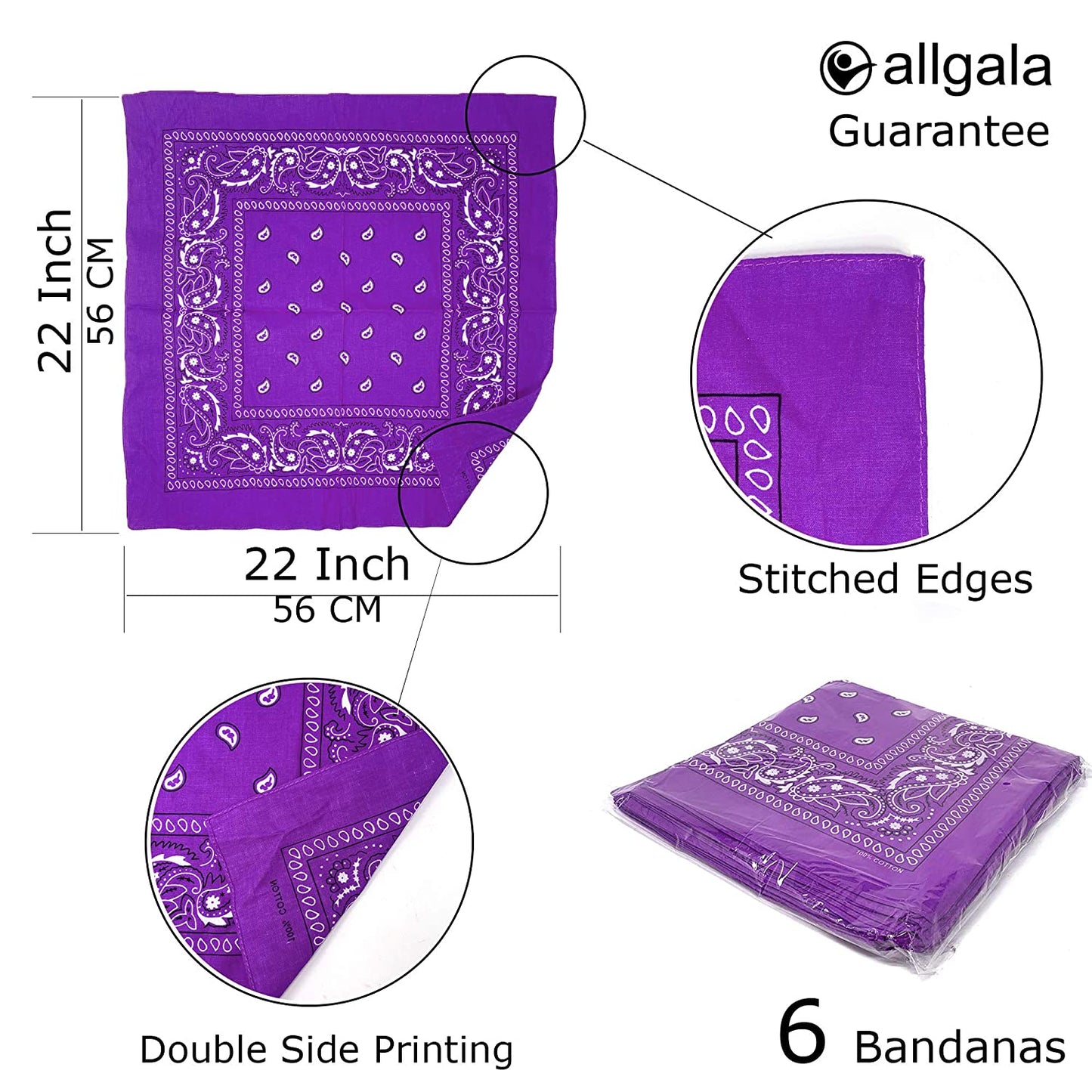Allgala 12-pc 100% Cotton Bandanas, Paisley Pattern, Purple