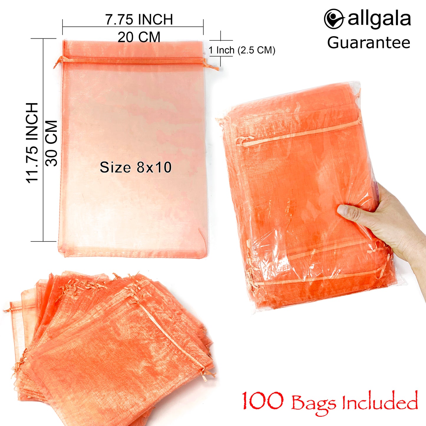 Allgala Organza Bags 100 Count Organza Sheer Gift Party Favor Bags with Drawstring-8x12 Inch