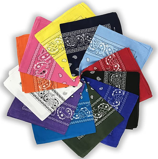 12-PC 100% Cotton Premium Bandanas, 12 colors assorted