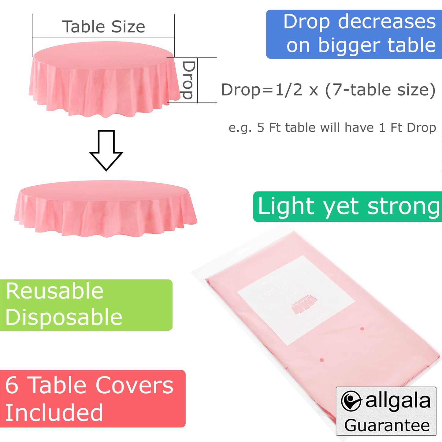 Allgala Table Cover 6-PK Premium Medium Duty Disposable 84" Round Plastic Tablecloth (Various Color Available)