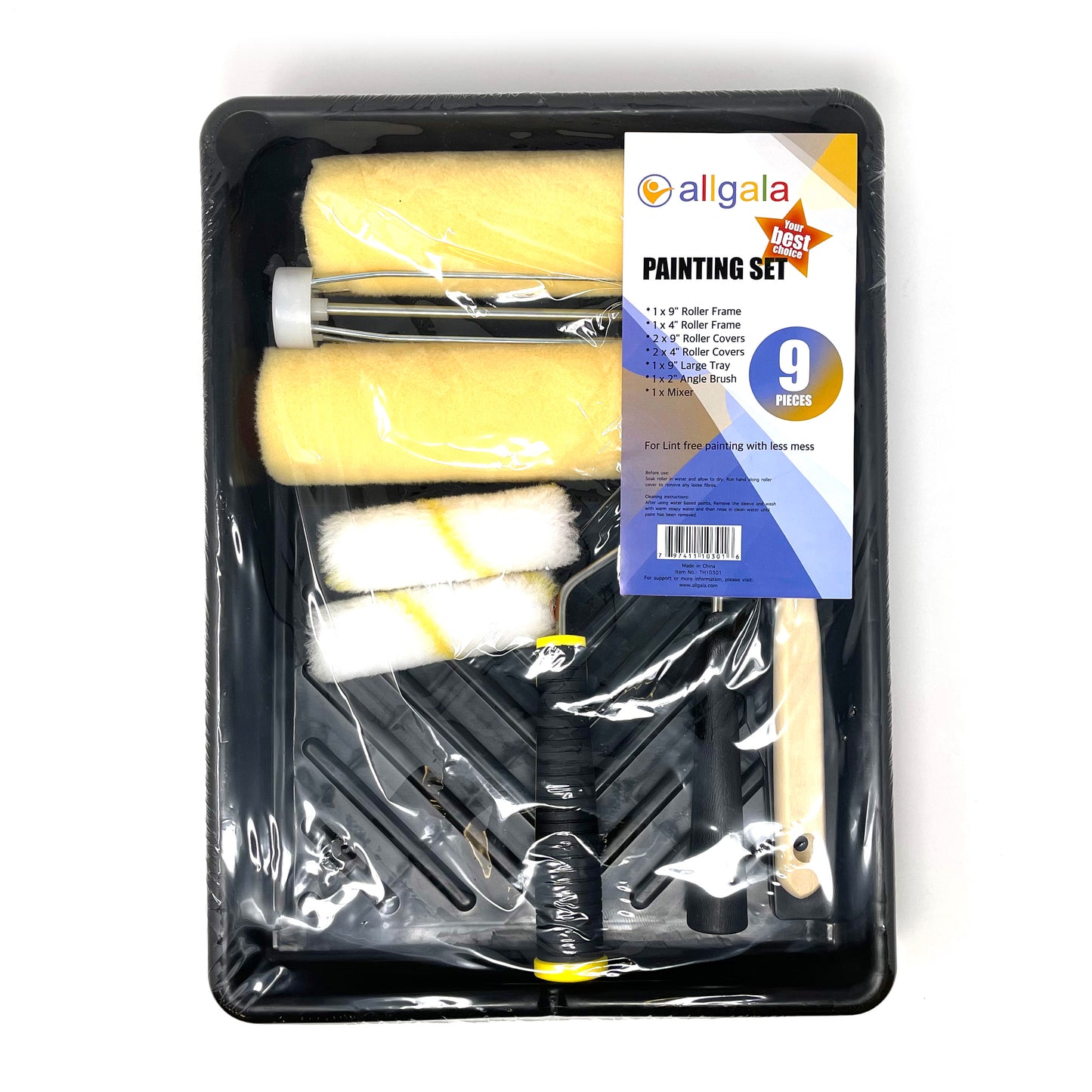 Allgala Paint Kit 9-Piece Lint Free Paint Roller Kit with Roller Frames Covers Brush Mixer and Large Tray - TH10301