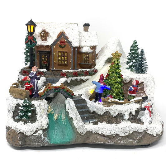 Crafted Polyresin Christmas House Collectable Décor Building House Figurine with USB and Battery Dual Power Source-House and river-XH93406