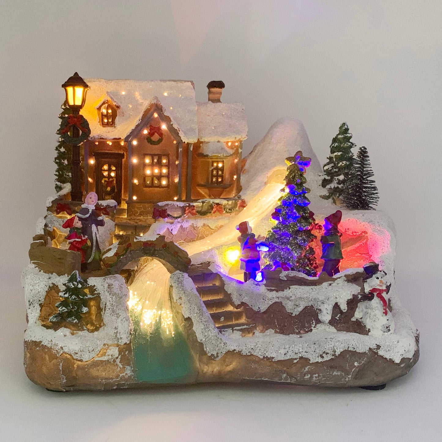 Crafted Polyresin Christmas House Collectable Décor Building House Figurine with USB and Battery Dual Power Source-House and river-XH93406