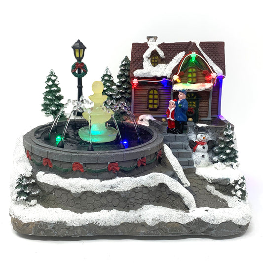 Crafted Polyresin Christmas House Collectable Décor Building House Figurine with USB and Battery Dual Power Source-House and fountain-XH93407