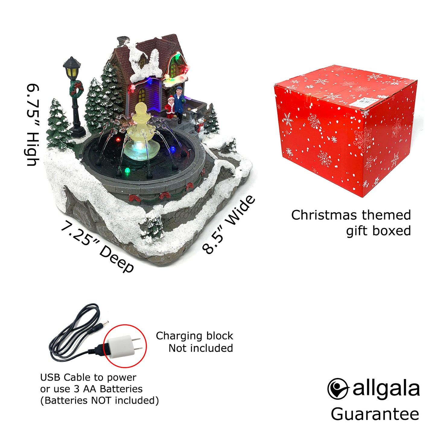 Crafted Polyresin Christmas House Collectable Décor Building House Figurine with USB and Battery Dual Power Source-House and fountain-XH93407