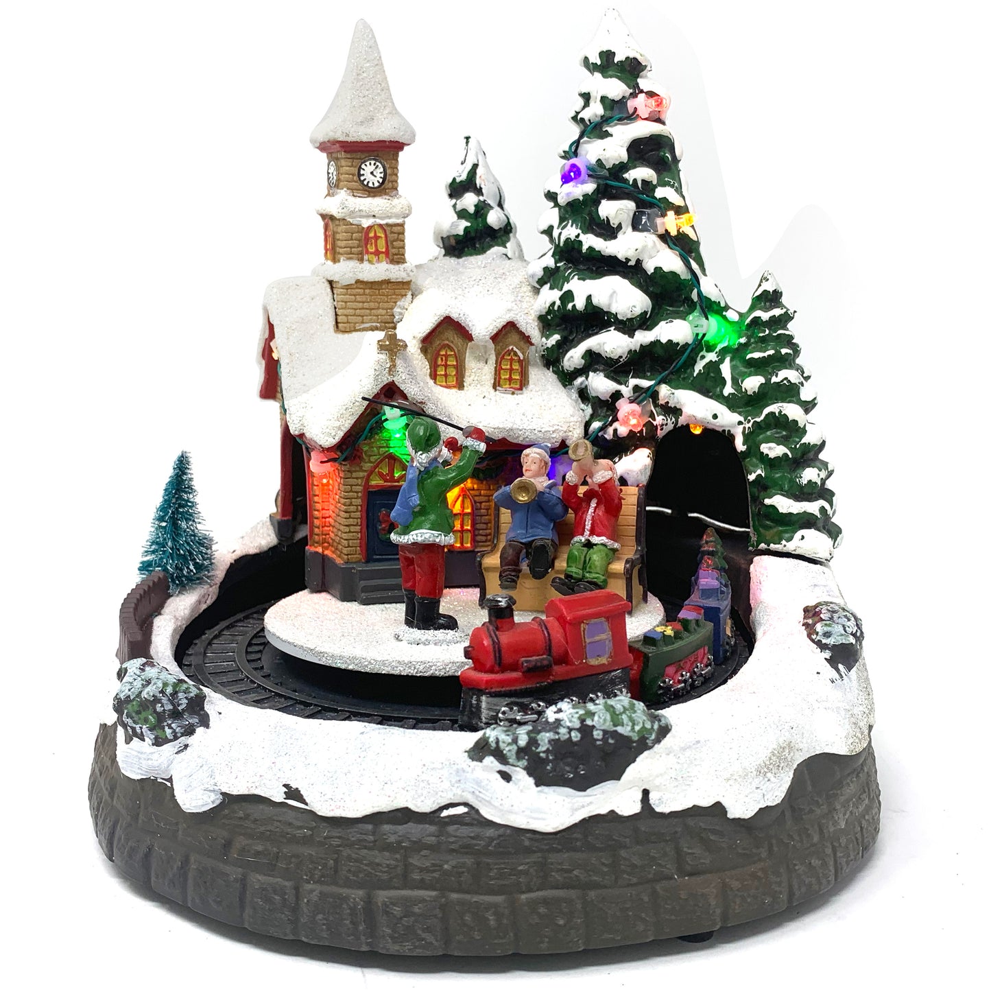 Crafted Polyresin Christmas House Collectable Décor Building House Figurine with USB and Battery Dual Power Source-Moving Train and Wind Players-XH93412