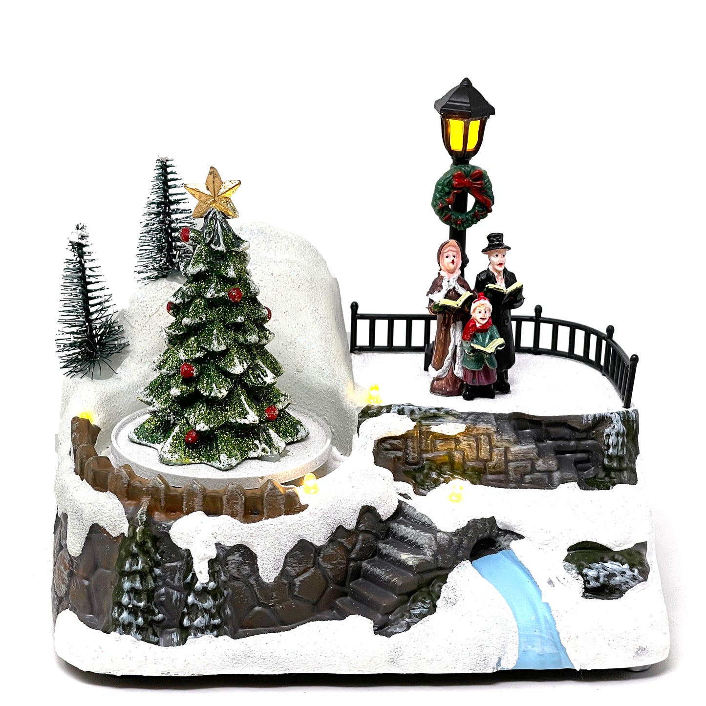 Crafted Polyresin Christmas House Collectable Figurine with USB and Battery Dual Power Source-Family Choir and Tree-XH93415