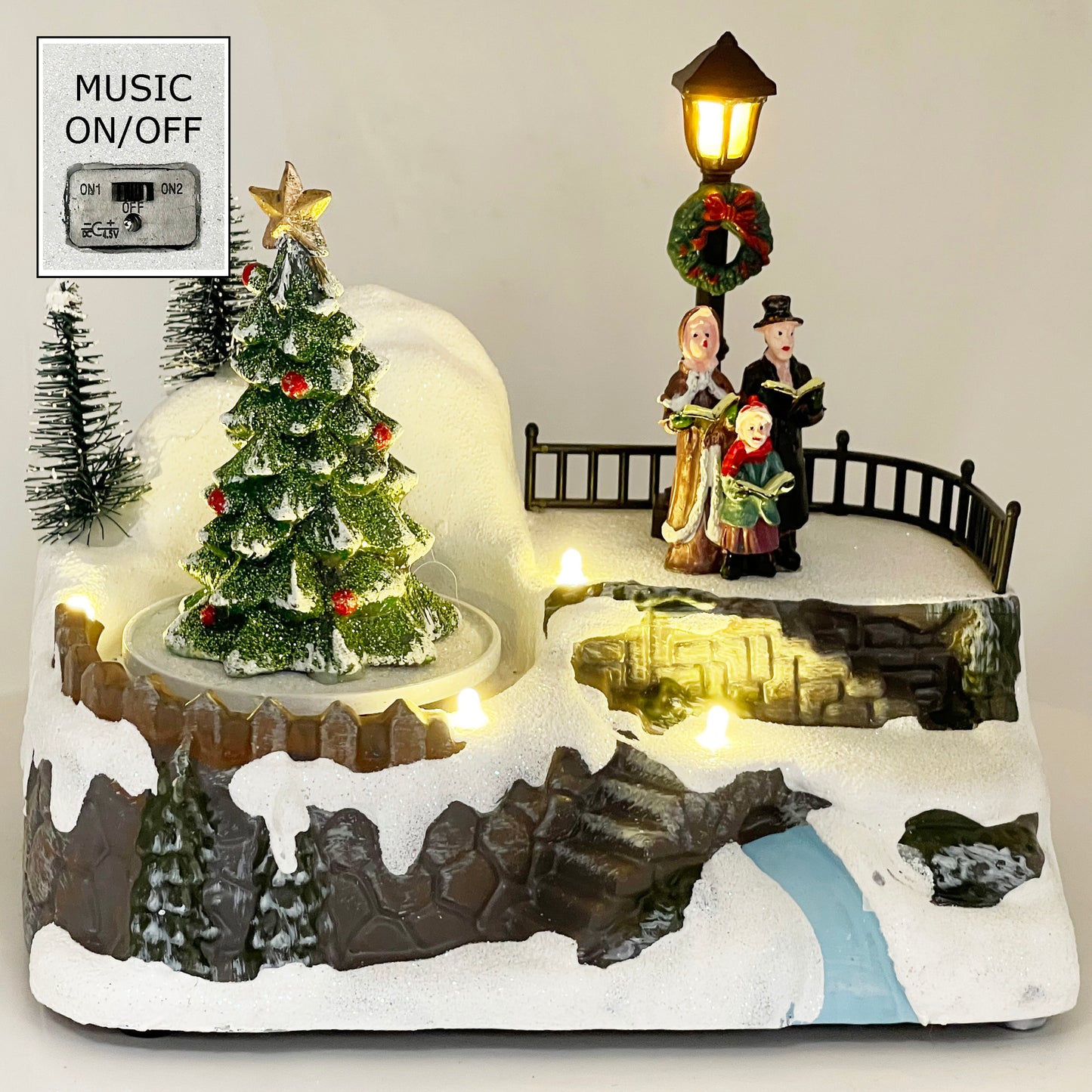 Crafted Polyresin Christmas House Collectable Figurine with USB and Battery Dual Power Source-Family Choir and Tree-XH93415