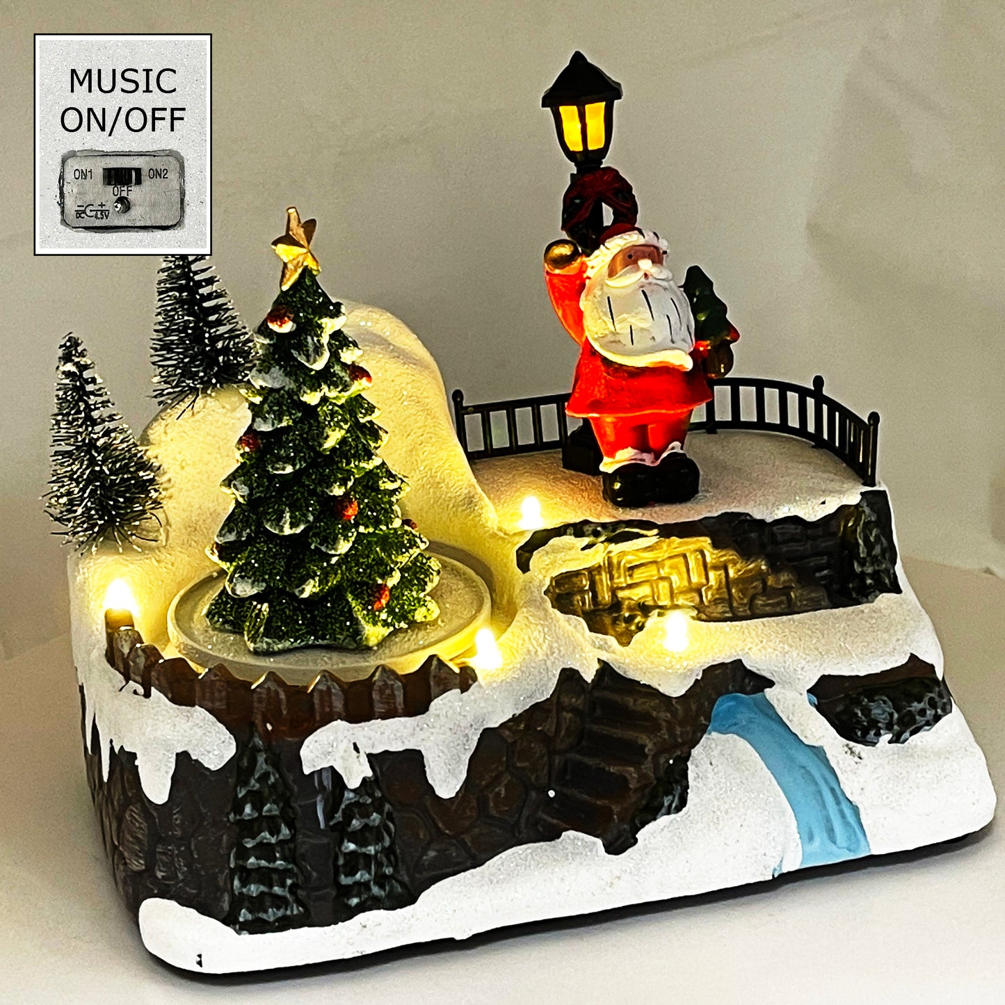 Crafted Polyresin Christmas House Collectable Figurine with USB and Battery Dual Power Source-Santa and Tree-XH93416
