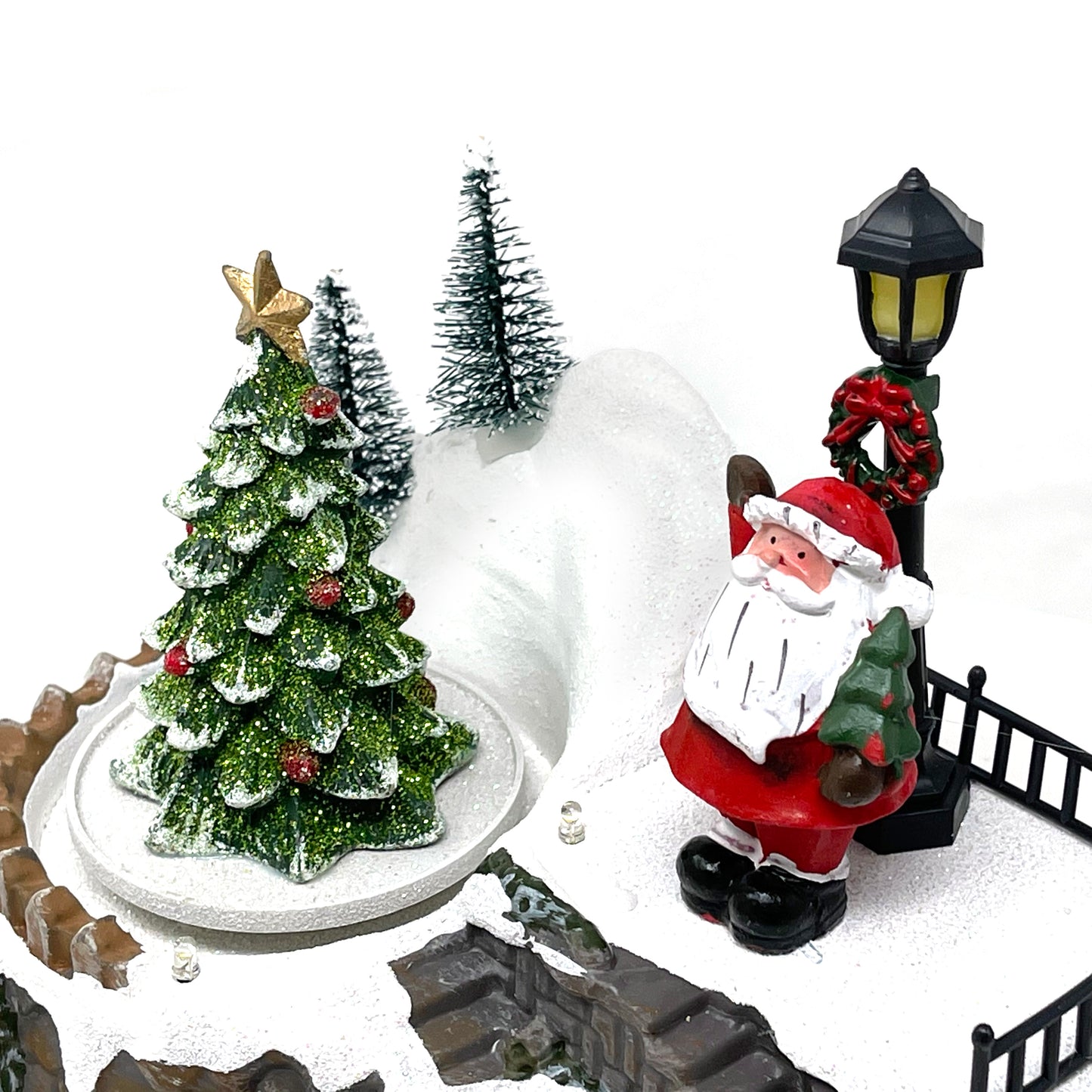 Crafted Polyresin Christmas House Collectable Figurine with USB and Battery Dual Power Source-Santa and Tree-XH93416