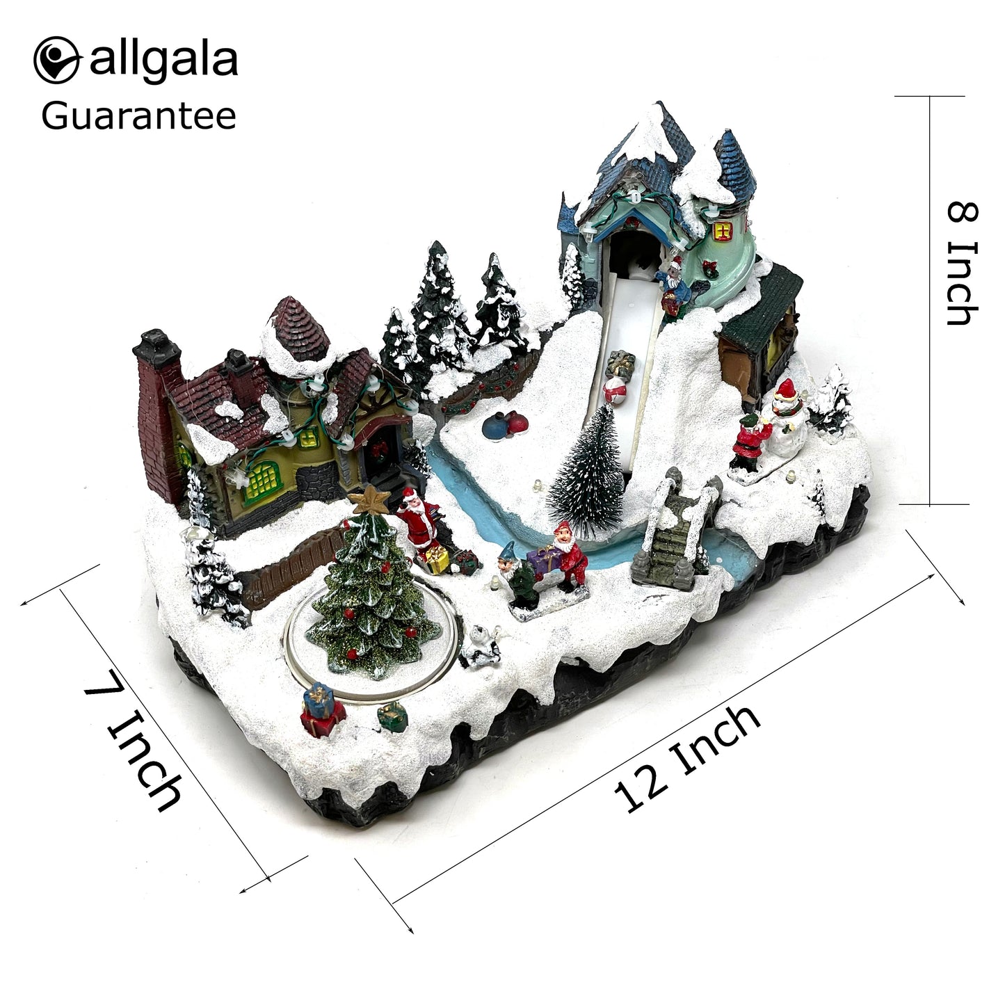 Crafted Polyresin Christmas House Collectable Figurine with USB and Battery Dual Power Source-Santa Village with Moving Toy Belt-XH93417