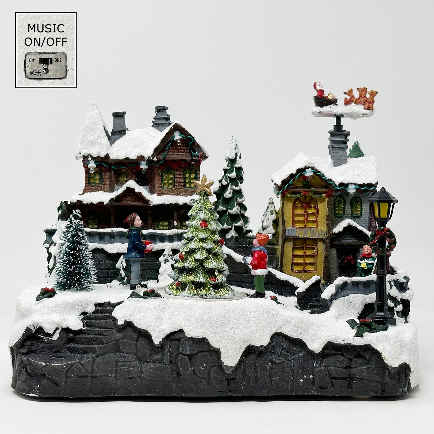 Crafted Polyresin Christmas House Collectable Figurine with USB and Battery Dual Power Source-Reindeer Flying Over Town-XH93418
