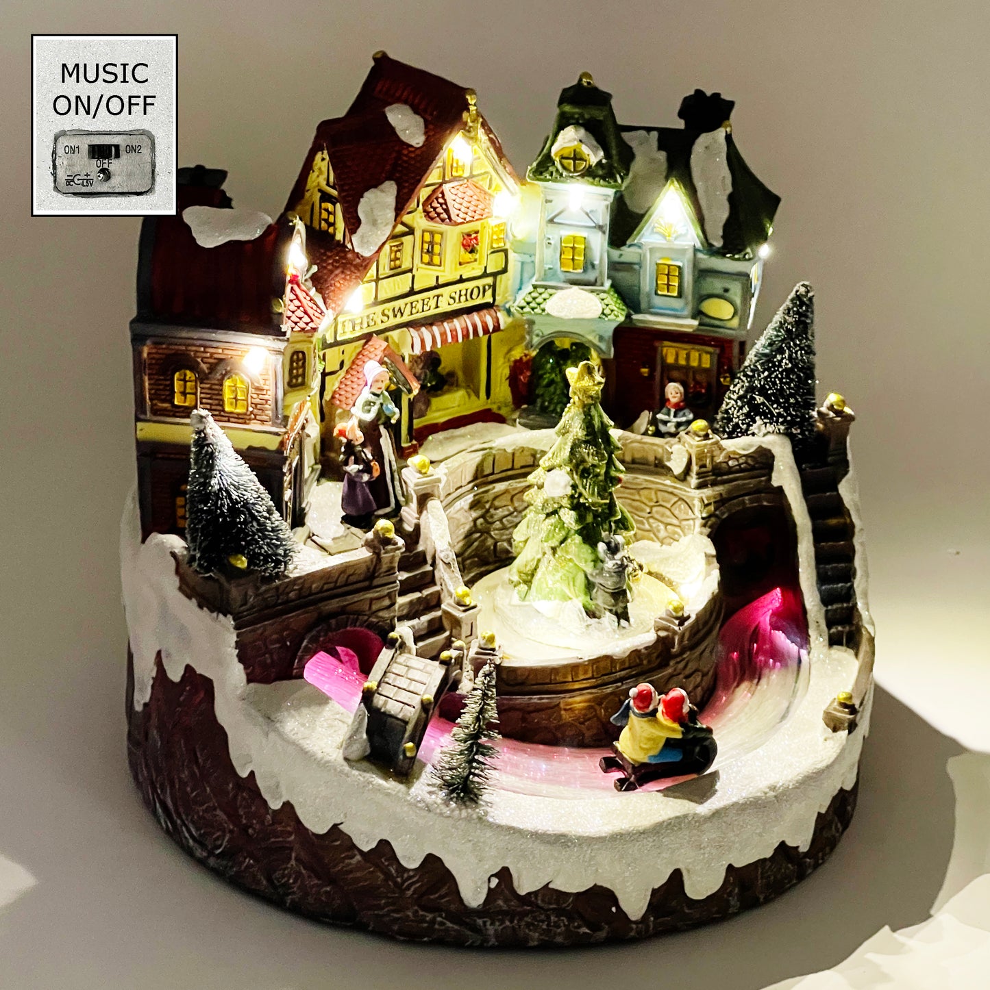 Crafted Polyresin Christmas House Collectable Figurine with USB and Battery Dual Power Source-Sledding in The Town-XH93419