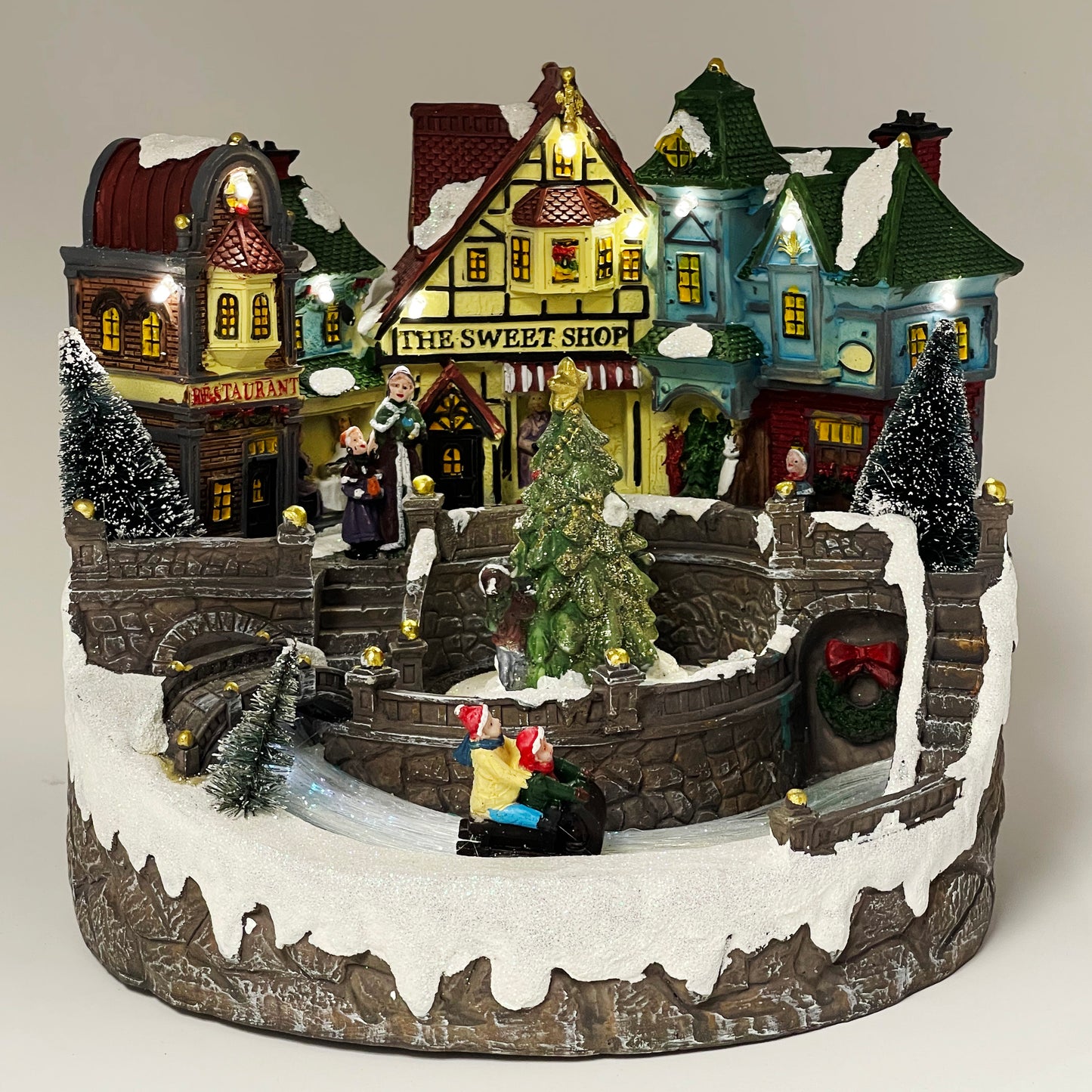 Crafted Polyresin Christmas House Collectable Figurine with USB and Battery Dual Power Source-Sledding in The Town-XH93419