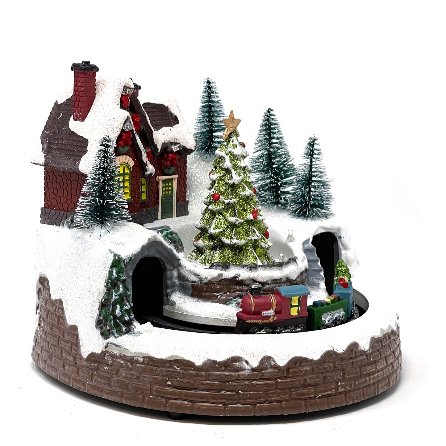 Crafted Polyresin Christmas House Collectable Figurine with USB and Battery Dual Power Source-Train Under Tree-XH93424