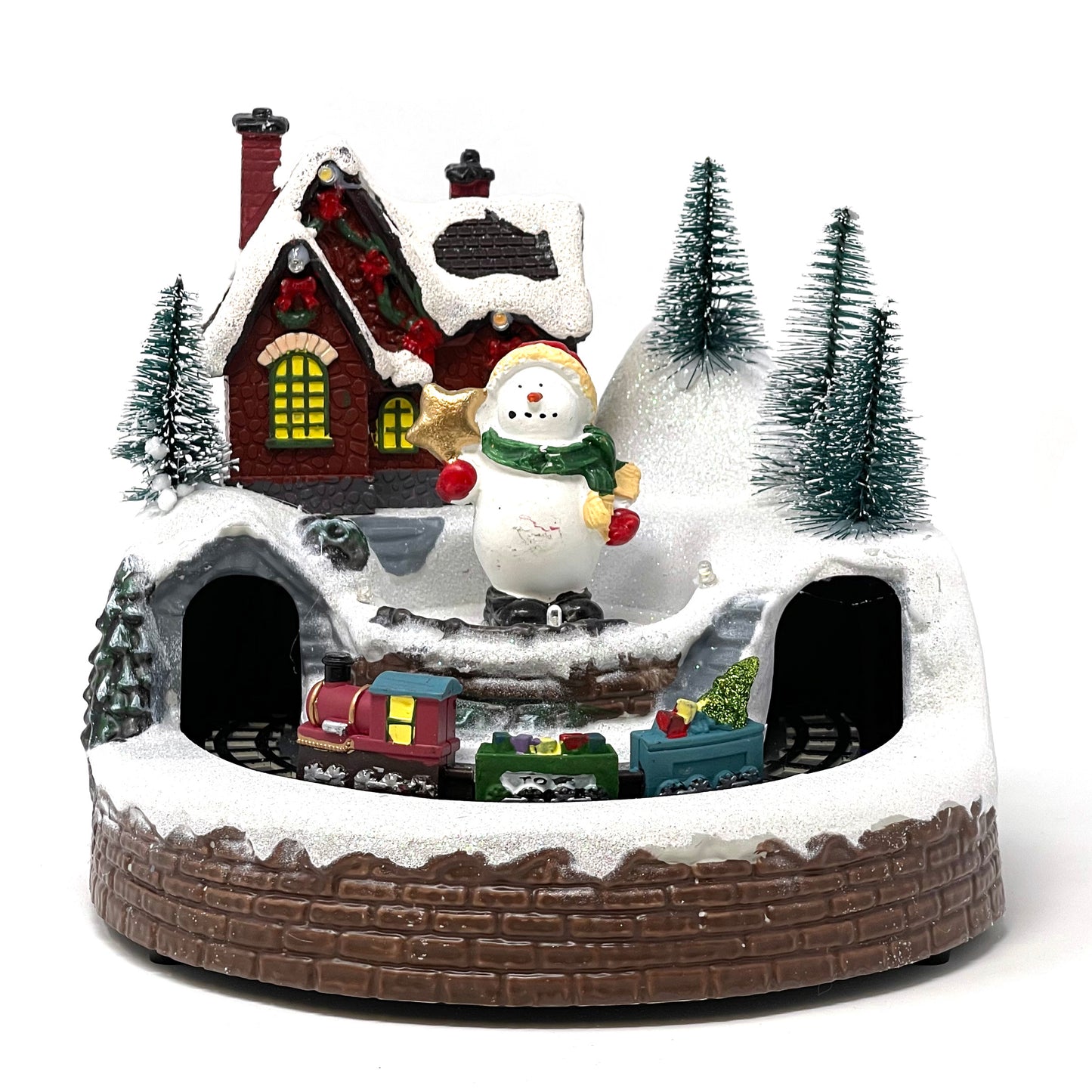 Crafted Polyresin Christmas House Collectable Figurine with USB and Battery Dual Power Source-Train Under Snowman-XH93425