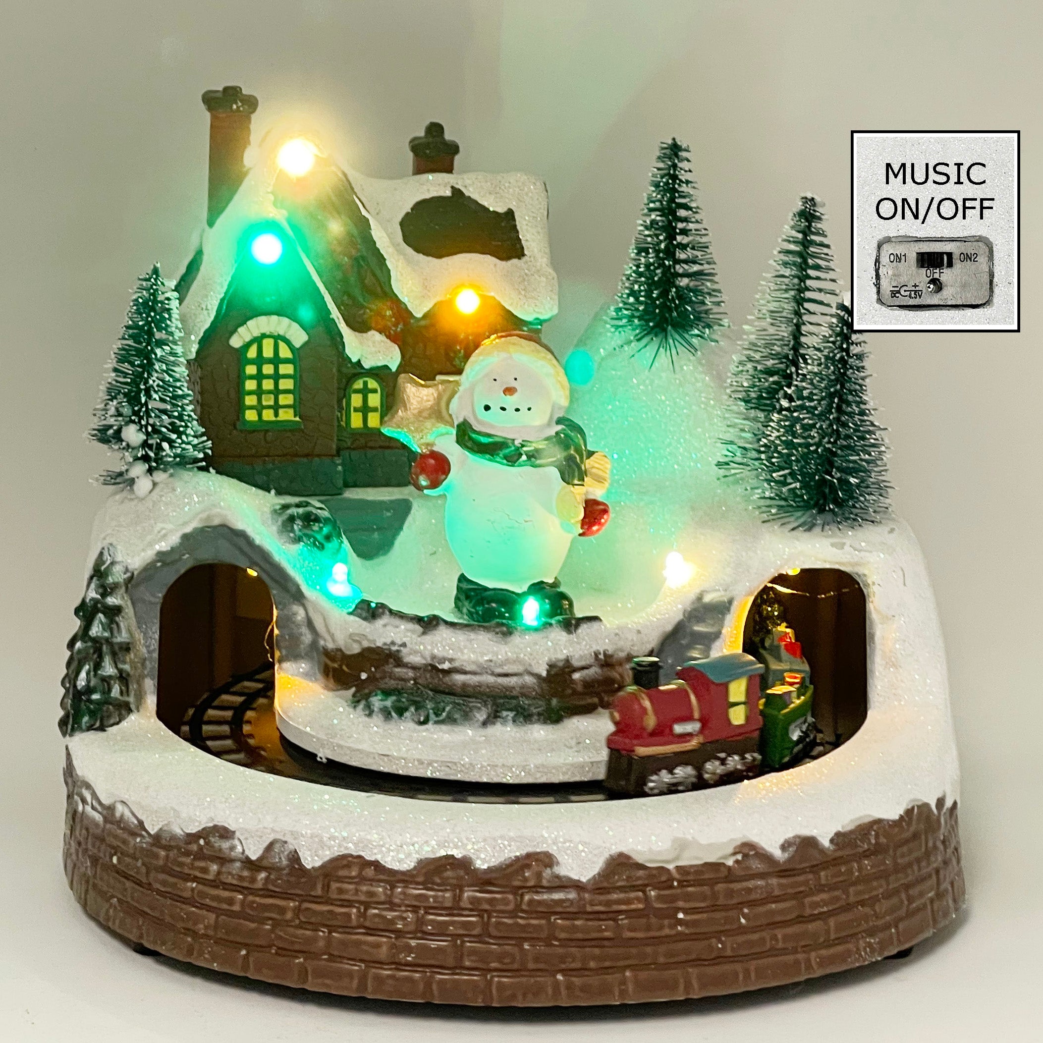 Crafted Polyresin Christmas House Collectable Figurine with USB and Battery  Dual Power Source-Train Under Snowman-XH93425