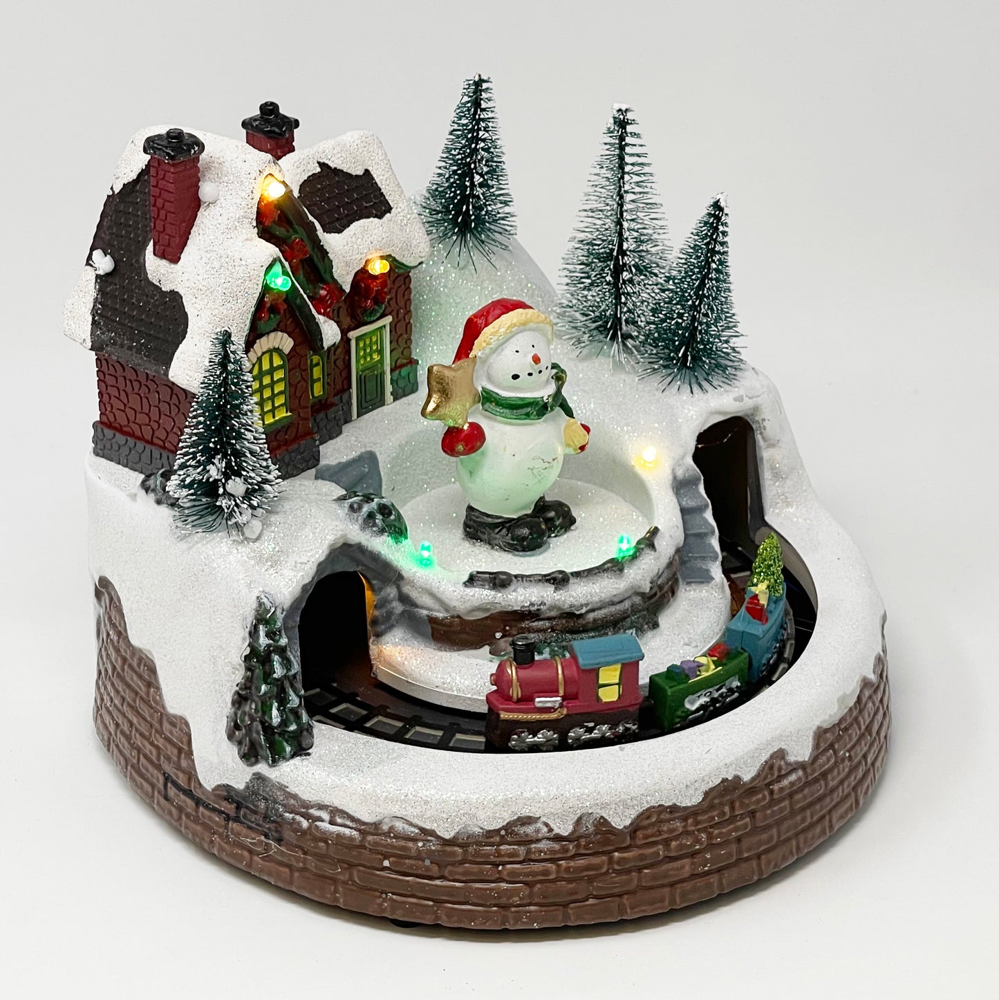 Crafted Polyresin Christmas House Collectable Figurine with USB and Battery Dual Power Source-Train Under Snowman-XH93425