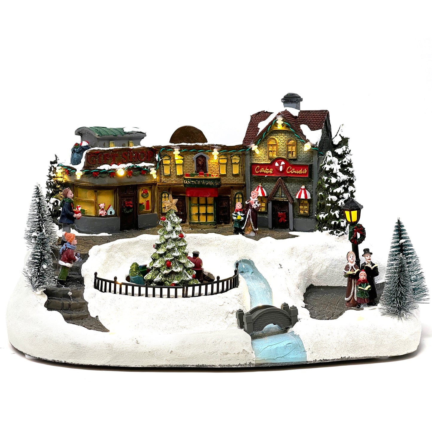 Crafted Polyresin Christmas House Collectable Figurine with USB and Battery Dual Power Source-Tree and Shops-XH93426