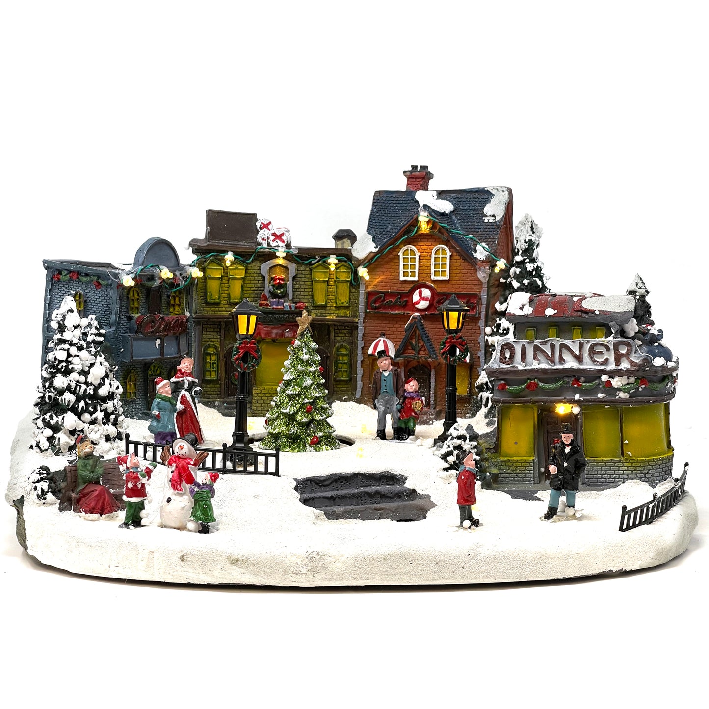 Crafted Polyresin Christmas House Collectable Figurine with USB and Battery Dual Power Source-Dinner and Tree in Village-XH93427