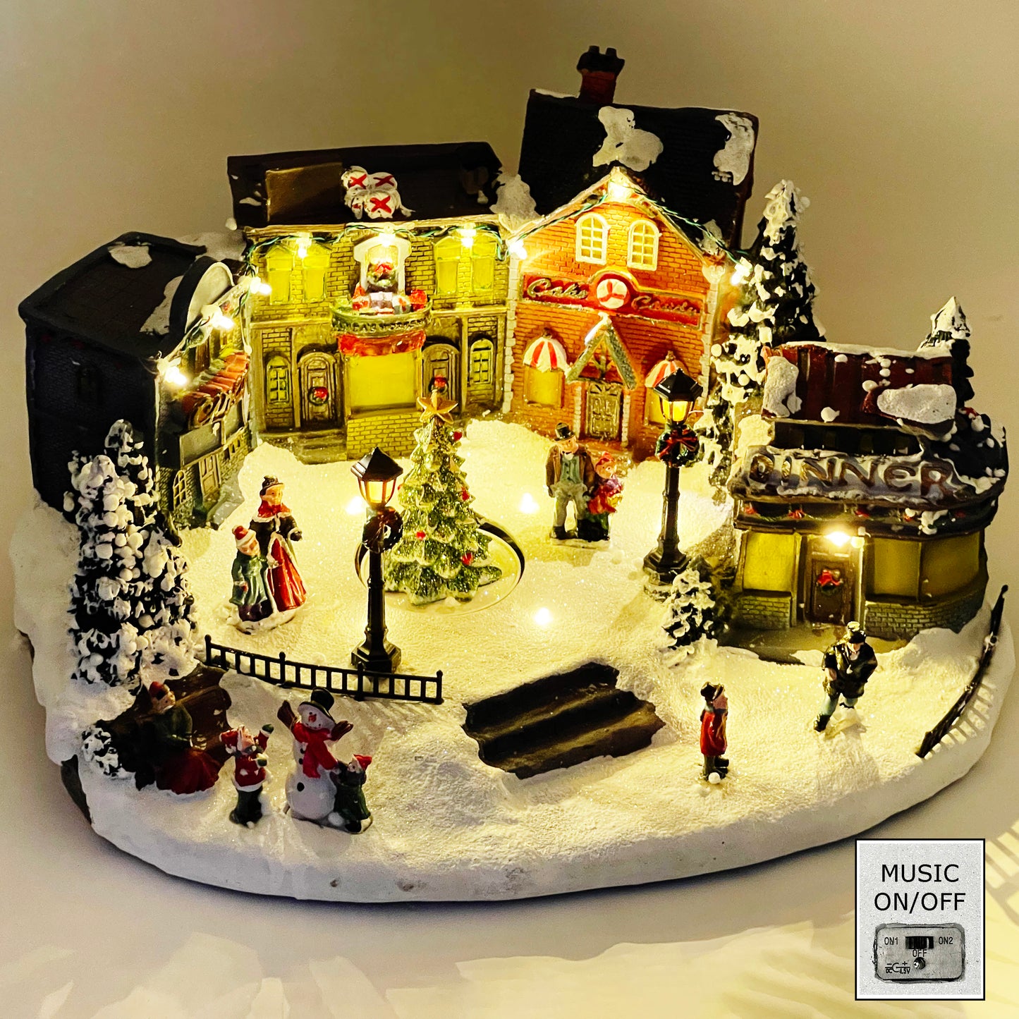 Crafted Polyresin Christmas House Collectable Figurine with USB and Battery Dual Power Source-Dinner and Tree in Village-XH93427