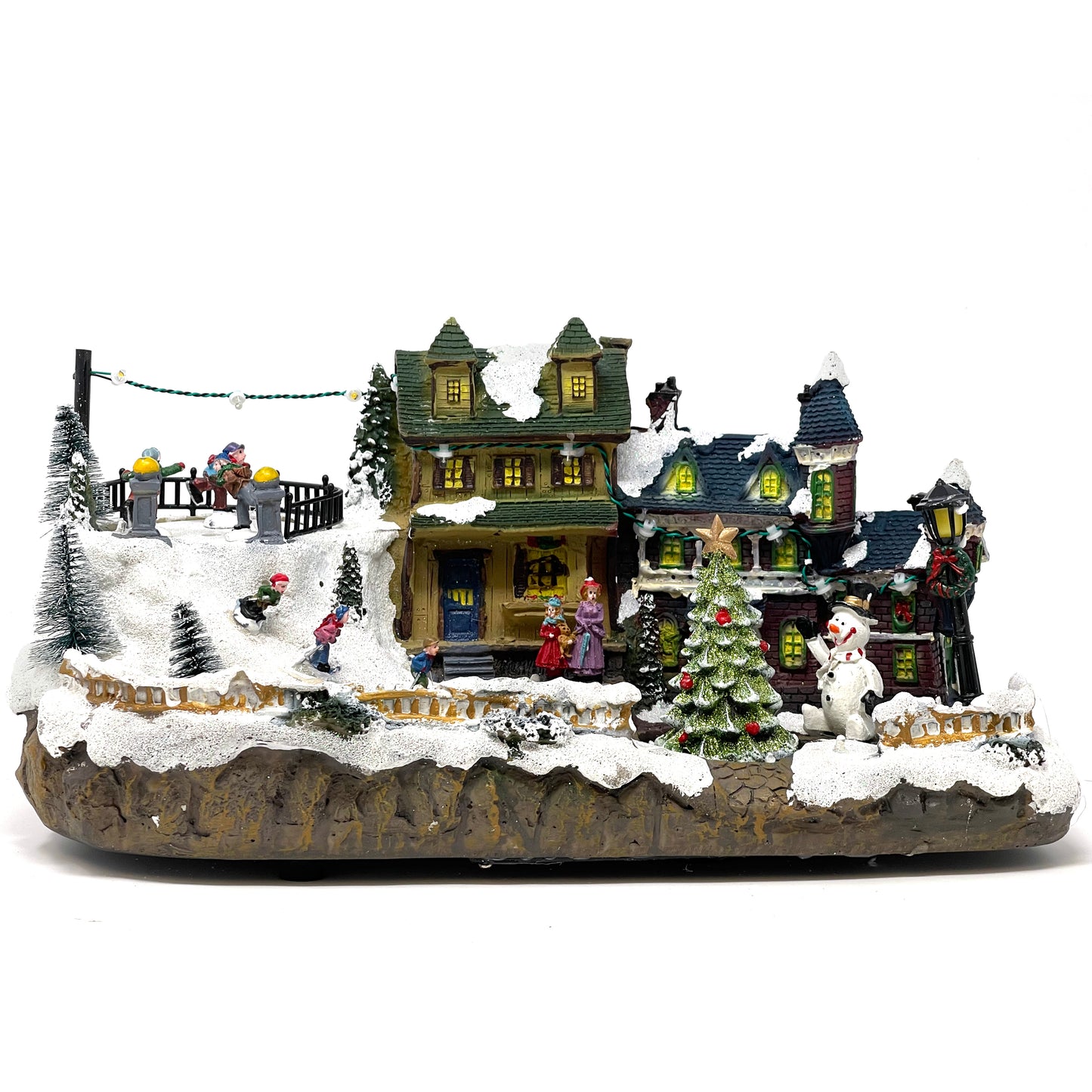 Crafted Polyresin Christmas House Collectable Figurine with USB and Battery Dual Power Source-Skaters and Turning Tree-XH93432