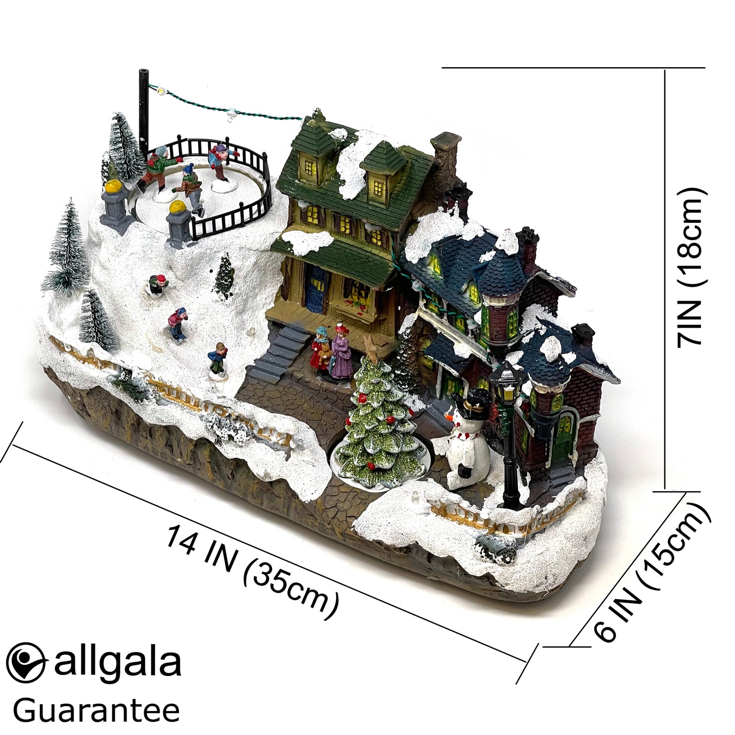Crafted Polyresin Christmas House Collectable Figurine with USB and Battery Dual Power Source-Skaters and Turning Tree-XH93432