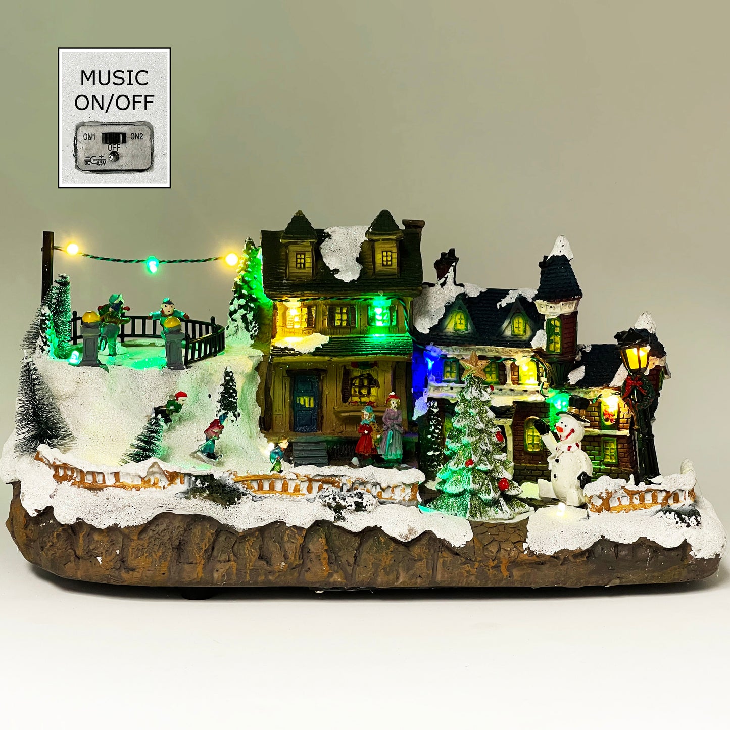 Crafted Polyresin Christmas House Collectable Figurine with USB and Battery Dual Power Source-Skaters and Turning Tree-XH93432