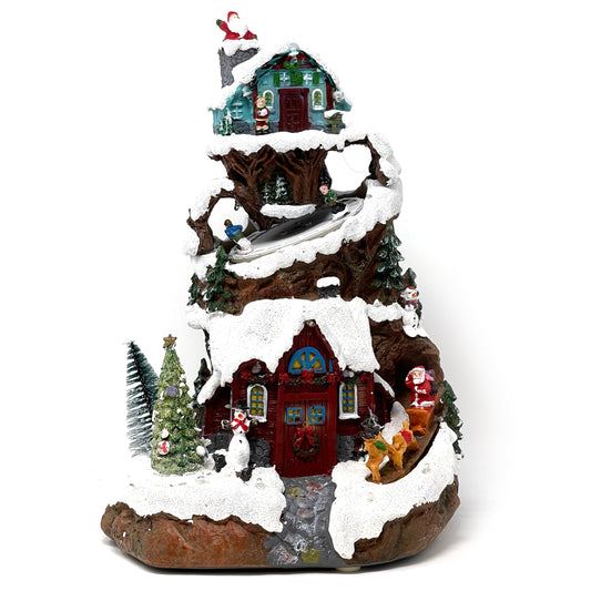 Crafted Polyresin Christmas House Collectable Figurine with USB and Battery Dual Power Source-Ski in Snow Mountain-XH93433