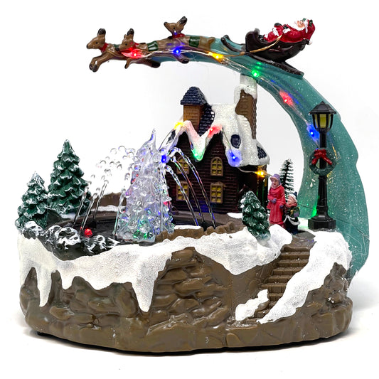 Crafted Polyresin Christmas House Collectable Figurine with USB and Battery Dual Power Source-Santa Over Fountain-XH93434