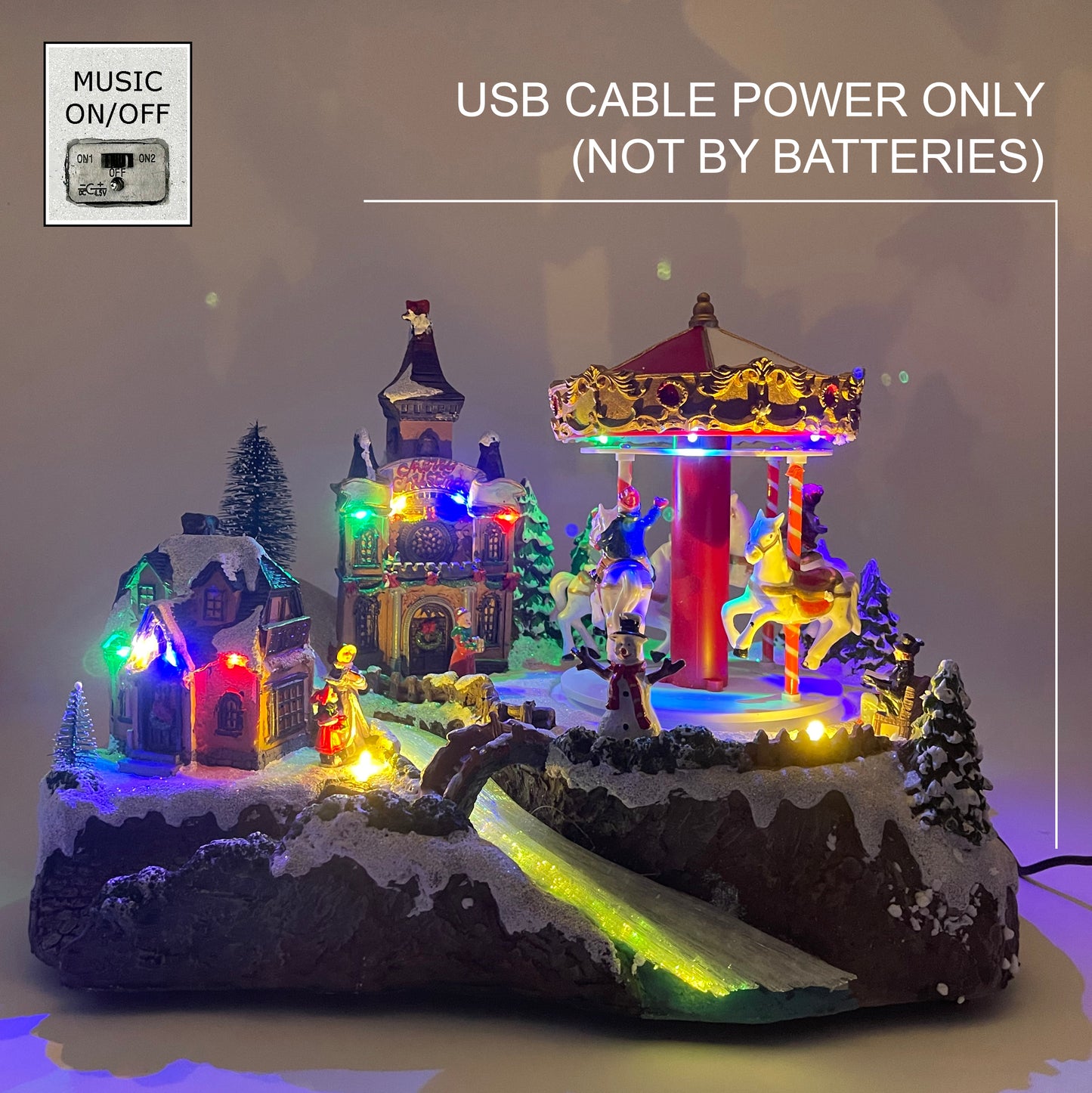Crafted Polyresin Christmas House Collectable Figurine with USB Cable Power Source-Carousel by Colorful River-XH93435