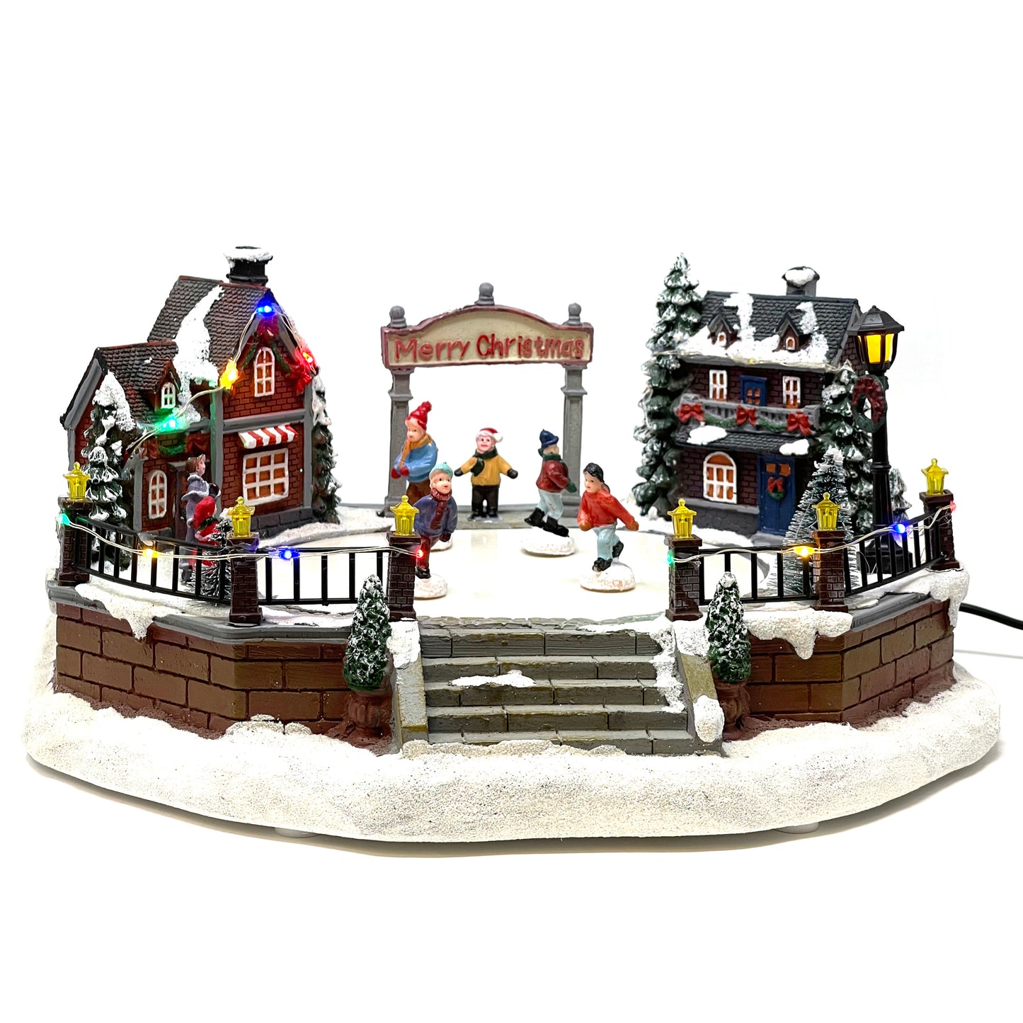 Crafted Polyresin Christmas House Collectable Figurine with USB and Battery Dual Power Source-Rink with Gliding Skaters-XH93437