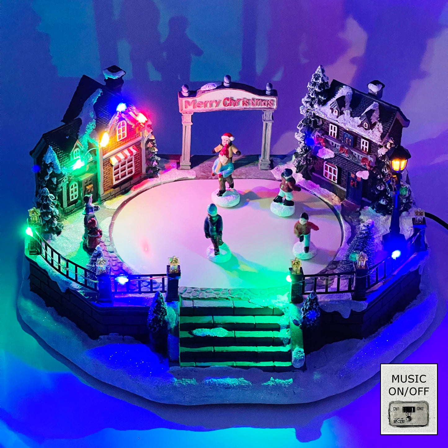 Crafted Polyresin Christmas House Collectable Figurine with USB and Battery Dual Power Source-Rink with Gliding Skaters-XH93437
