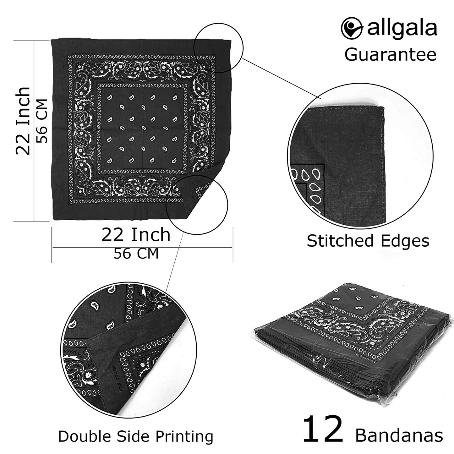 Allgala 12-pc 100% Cotton Bandanas, Paisley Pattern, Black